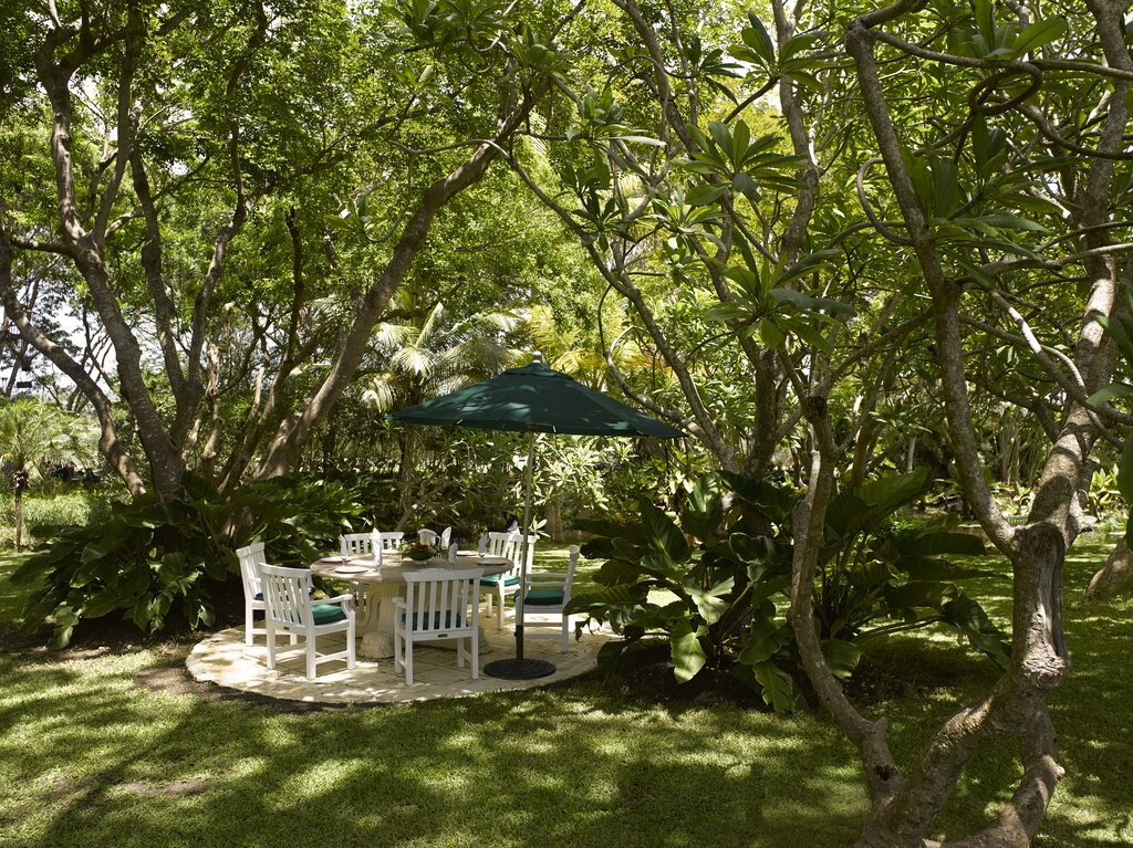 Seating area in extensive lawned, gently undulating gardens
