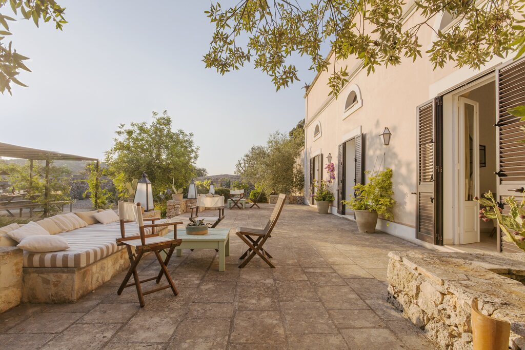 Soft seating on main terrace - with entrances to dining hall and sitting room