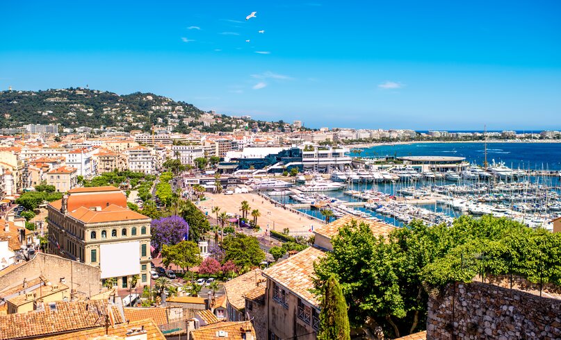 Top cityscape view of the French Riviera with yachts in Cannes