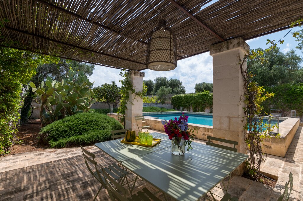 Shaded pergola by pool 