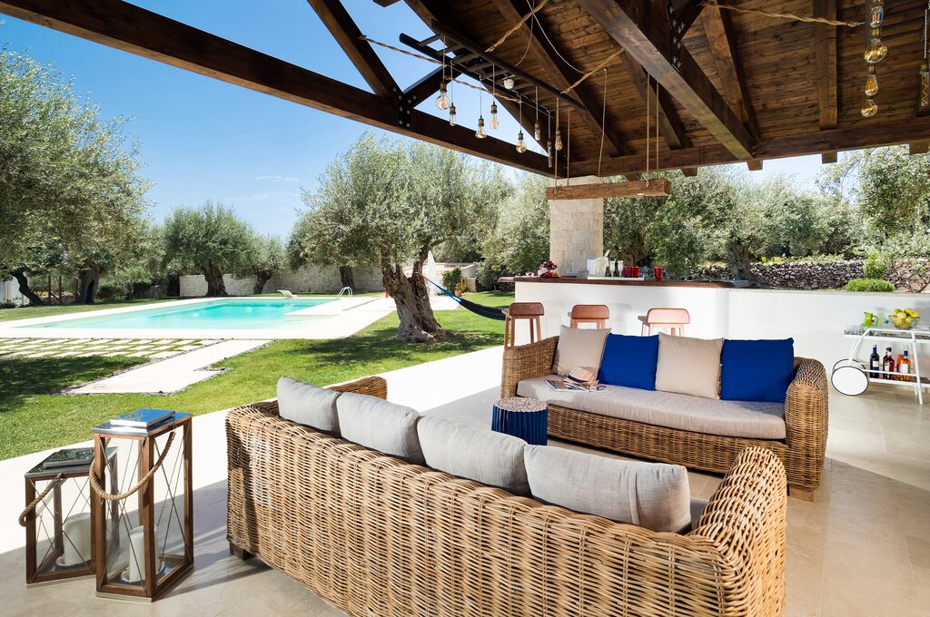 Pool loggia with bar area and lights